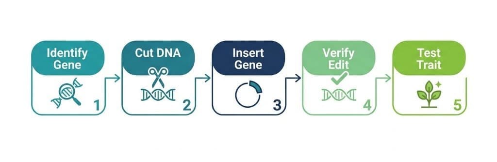Five-step diagram of target gene selection, DNA cutting, plasmid insertion, verification, and trait testing