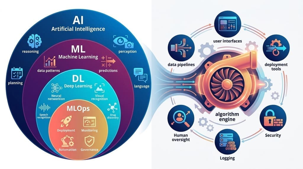 Infographic showing the hierarchy of Artificial Intelligence, Machine Learning, Deep Learning, and MLOps, plus the complete ML system with algorithm as the engine surrounded by data pipelines, deployment, security, monitoring, and human oversight