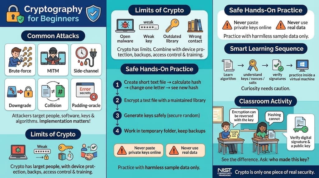 Colorful infographic for teens explaining common cryptographic attacks, limits of encryption, safe hands-on practice steps, and classroom activities for learning cryptography basics.