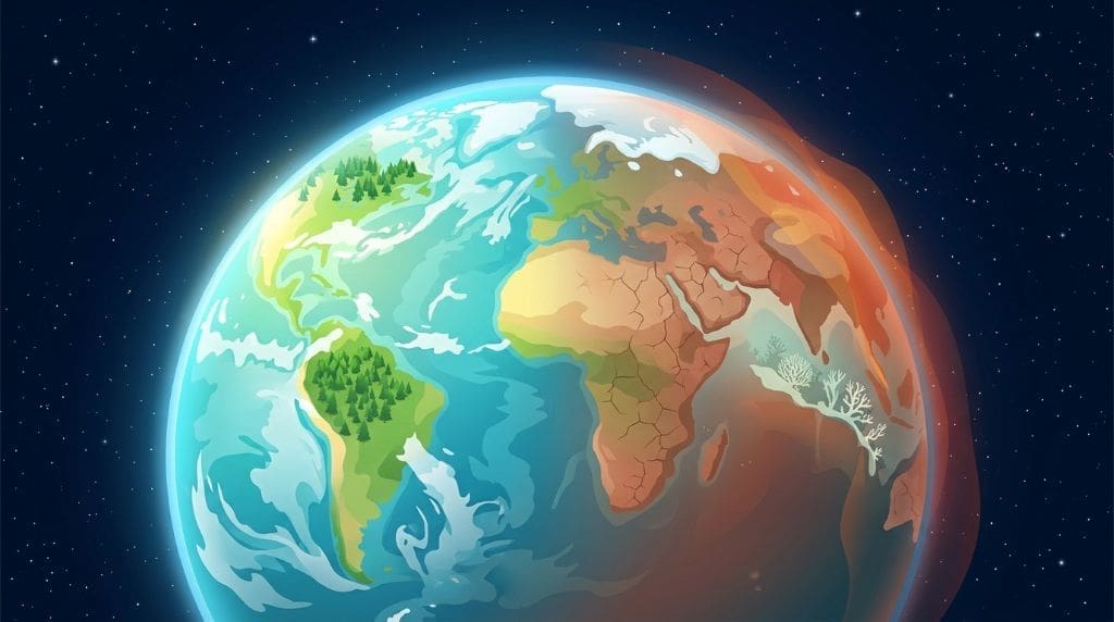 Earth split between healthy green side and heat-stressed side showing climate change.
