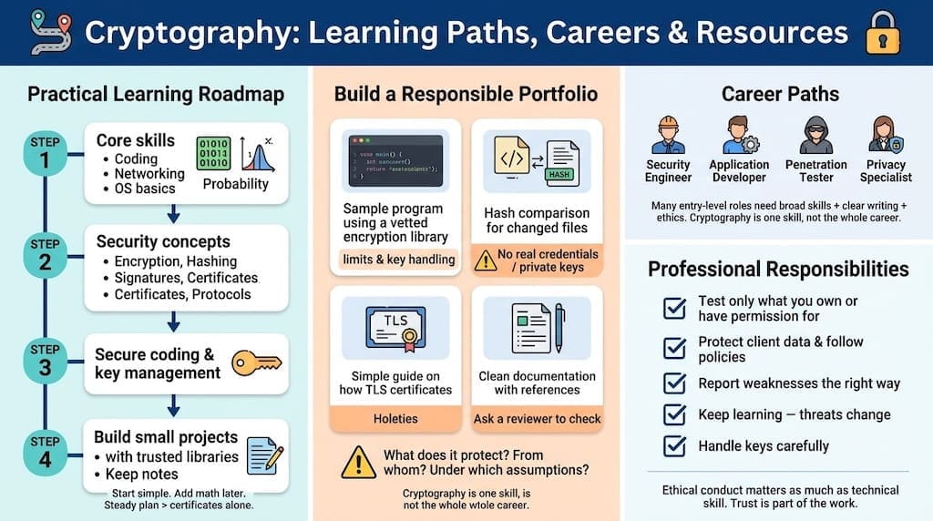 een-friendly infographic showing a practical cryptography learning roadmap, portfolio project ideas, cybersecurity career paths, and professional responsibilities.