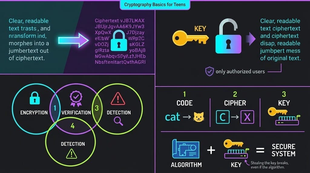 Infographic explaining cryptography basics for teens: showing how encryption transforms readable data into ciphertext using keys, with icons representing protection, encryption, identity verification, and change detection, alongside an algorithm and key illustration.