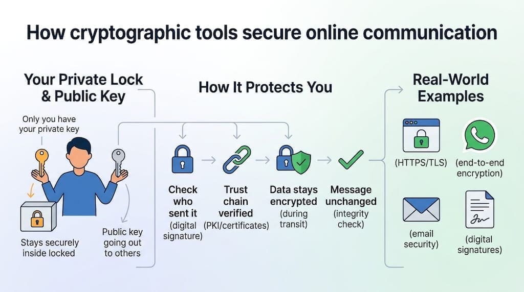 Infographic explaining digital signatures, public key infrastructure, and encrypted communication protocols with icons for HTTPS, messaging apps, and email security designed for teenagers.
