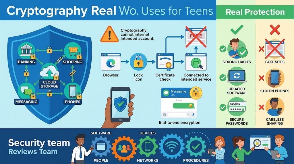 Infographic showing how cryptography protects banking, messaging, phones, and cloud storage for teens, including encryption symbols, certificate verification, and security limitations