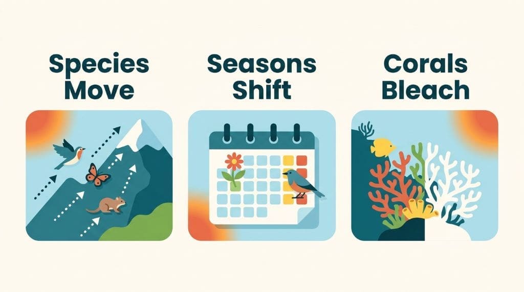 Montage showing wildlife migration uphill, seasonal shifts in nature, and bleached coral reefs.