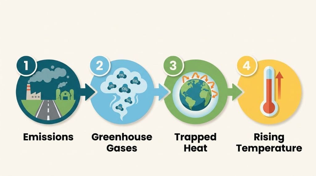 Four-step chain from emissions to greenhouse gases to rising temperatures in climate change.