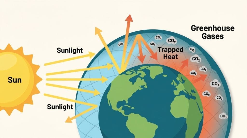 Diagram showing greenhouse gases trapping heat around Earth, driving climate change.