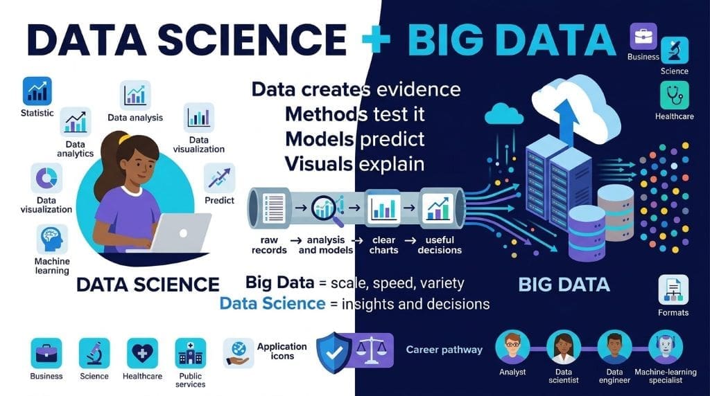 Teen-friendly infographic showing how large, fast-moving, and varied datasets are transformed into insights, predictions, visualizations, and informed decisions.