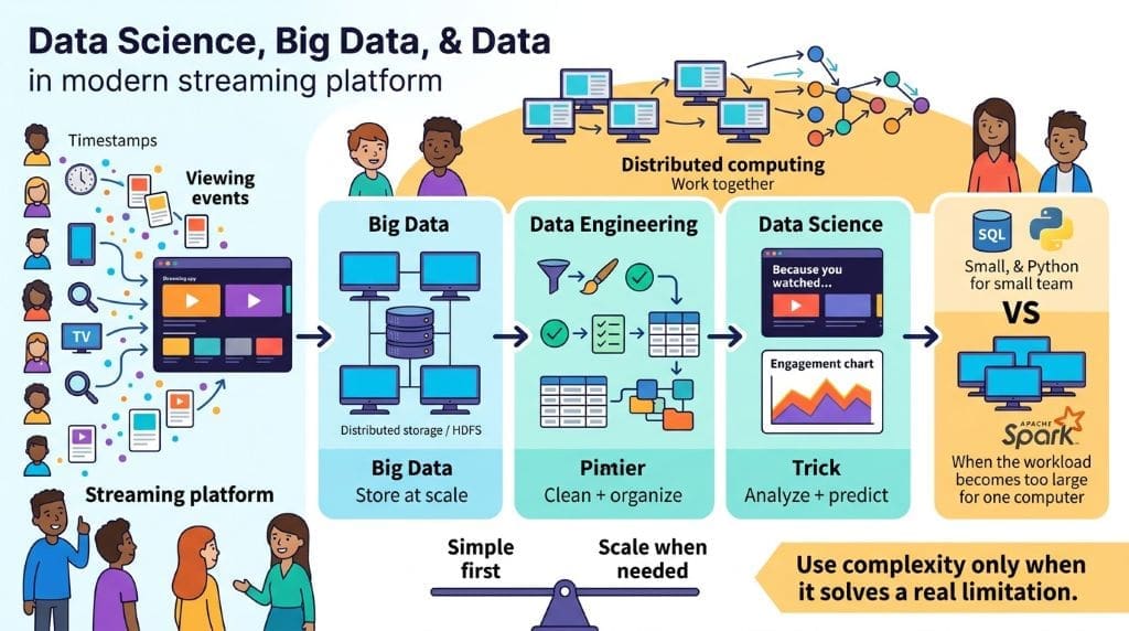 Infographic showing a streaming platform turning viewing activity into organized information, analysis, and personalized recommendations while matching tools to workload size.