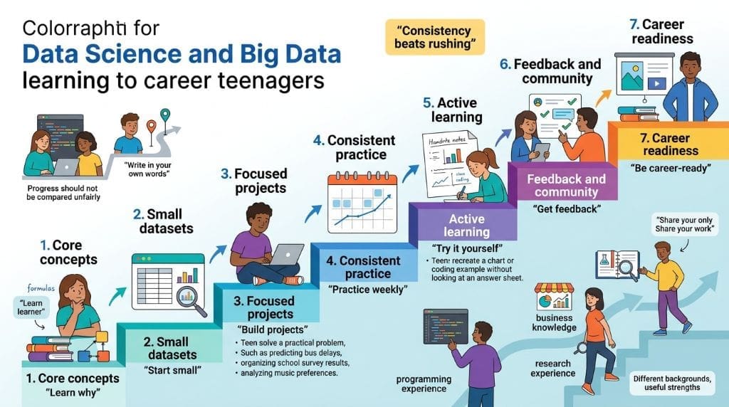 Seven-step infographic showing a teen learning data skills through core concepts, small datasets, projects, weekly practice, active learning, feedback, and career preparation.