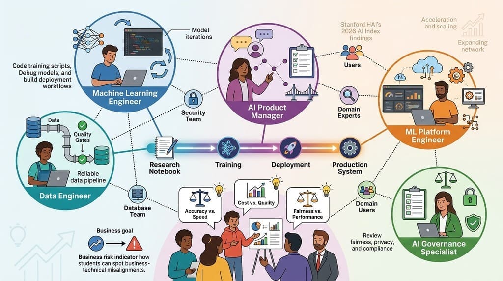 Professional career pathway infographic for MLOps showing five interconnected roles: Machine Learning Engineer (training and deployment workflows), Data Engineer (reliable data pipelines), AI Product Manager (connecting user needs to technical work), ML Platform Engineer (tools, cloud systems, automation), AI Governance Specialist (fairness, privacy, compliance). Illustration shows how all five roles share the goal of moving algorithms from research notebooks to production AI applications. Depicts collaboration with security teams, database teams, domain experts, and end users. Features communication skills section showing students explaining trade-offs between accuracy, speed, cost, and fairness to diverse stakeholders. Includes business-technical risk spotting concept. Modern, colorful flat design suitable for teen career exploration.