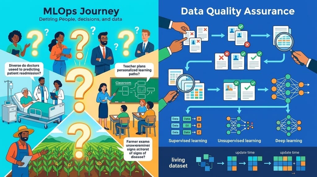 Infographic explaining MLOps workflow for teens: problem definition phase (hospital readmission, school personalized learning, farmer crop disease detection) leading to data quality inspection and model deployment with data drift monitoring.