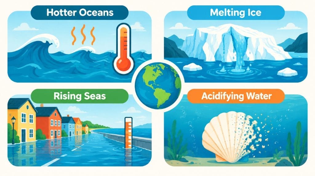 Visual comparison of ocean warming, polar ice melt, sea level rise, and ocean acidification.