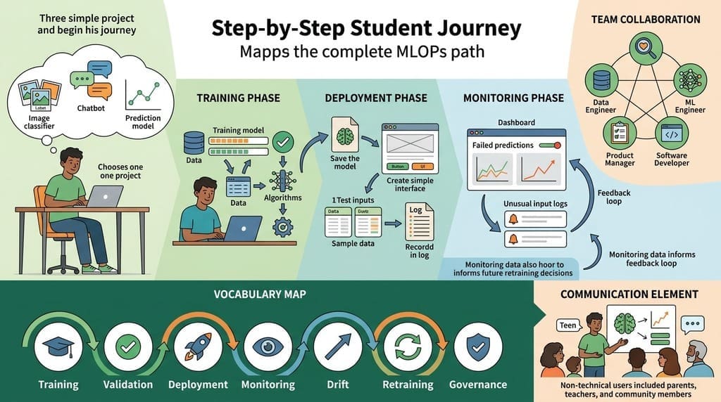 llustrated guide for teen students learning MLOps: shows the complete project journey from selecting a simple classifier/chatbot/prediction model through training, deployment, and monitoring; displays vocabulary map (training, validation, deployment, monitoring, drift, retraining, governance); features five-role team structure (data engineer, ML engineer, software developer, product manager, ethics reviewer); includes monitoring dashboard example with failure tracking and unusual input logs; demonstrates student presenting their model to non-technical users.