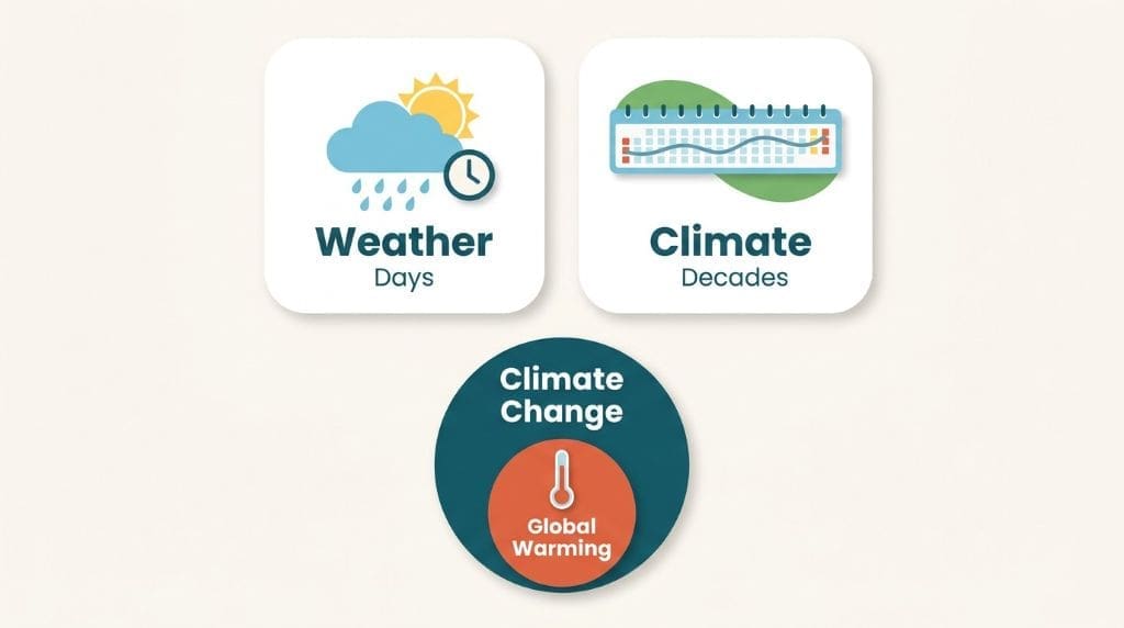 Chart comparing weather, climate, global warming and climate change by time scale.
