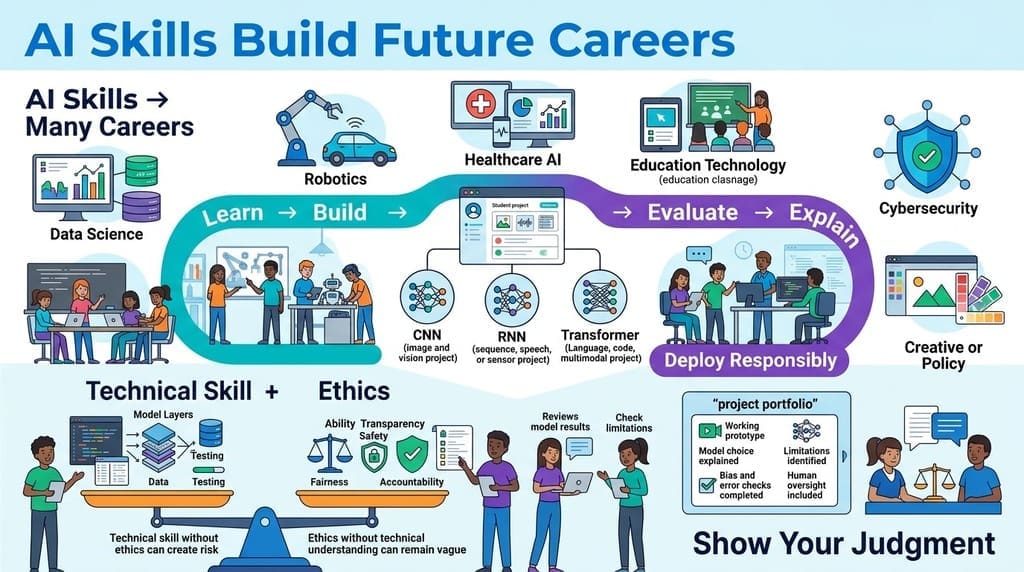 Infographic showing AI career paths and how students combine neural network knowledge, technical skills, ethics, and trust.