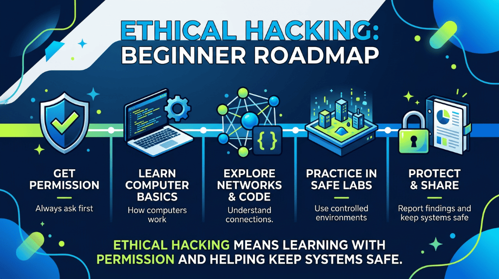 Teen-friendly infographic showing a beginner ethical hacking roadmap: get permission, learn computer basics, explore networks and coding, practice in safe labs, and help protect systems.