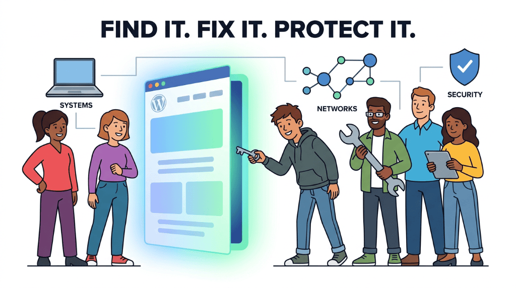 Teen ethical hacker checks a digital door for security gaps, showing how ethical hacking helps protect websites and apps.