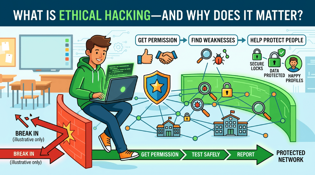 Teen student learns ethical hacking by finding security weaknesses with permission and helping protect a school network.