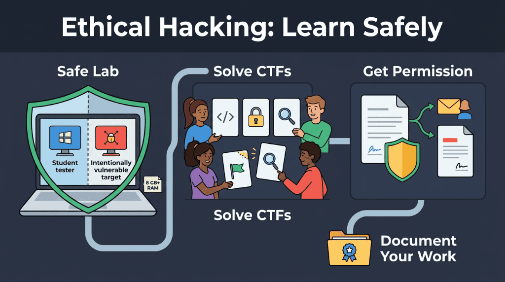Teen-friendly infographic showing a safe virtual hacking lab, CTF puzzles, permission-first rules, and documenting cybersecurity projects.
