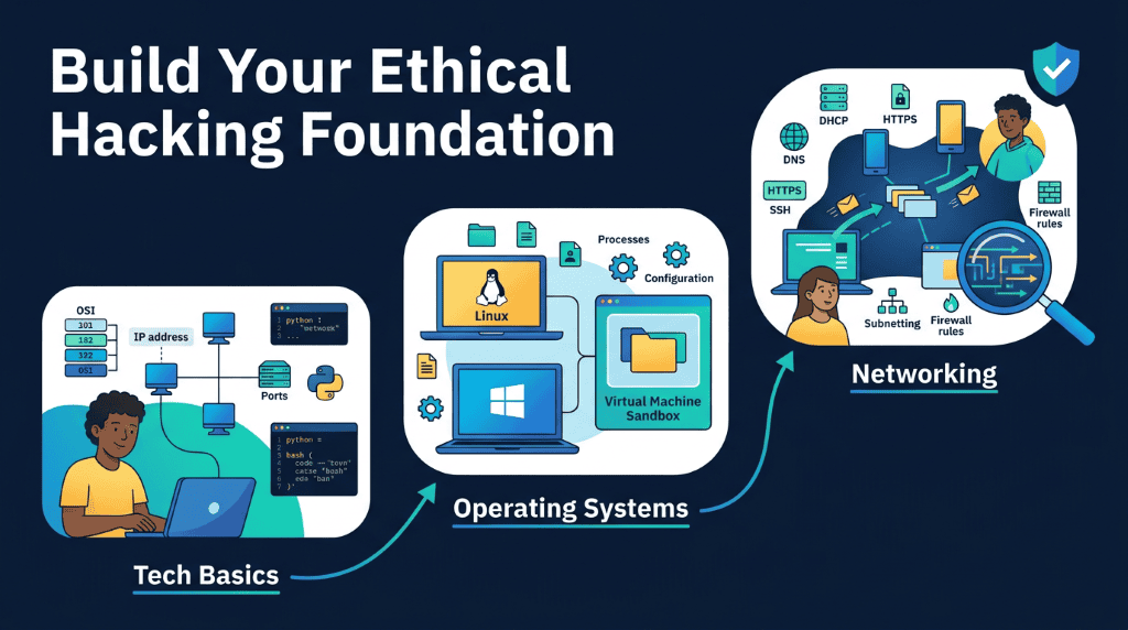 een-friendly infographic showing the technical, operating-system, and networking basics needed before learning ethical hacking.