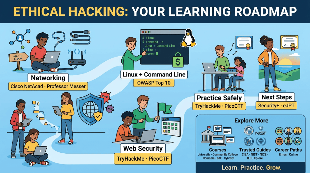 Teen-friendly infographic showing a step-by-step ethical hacking learning roadmap, from networking and Linux to web security, safe practice, courses, and career resources.