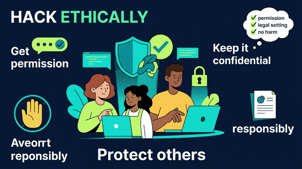 Teen students learn ethical hacking principles: get permission, keep findings private, avoid harm, and report vulnerabilities responsibly.