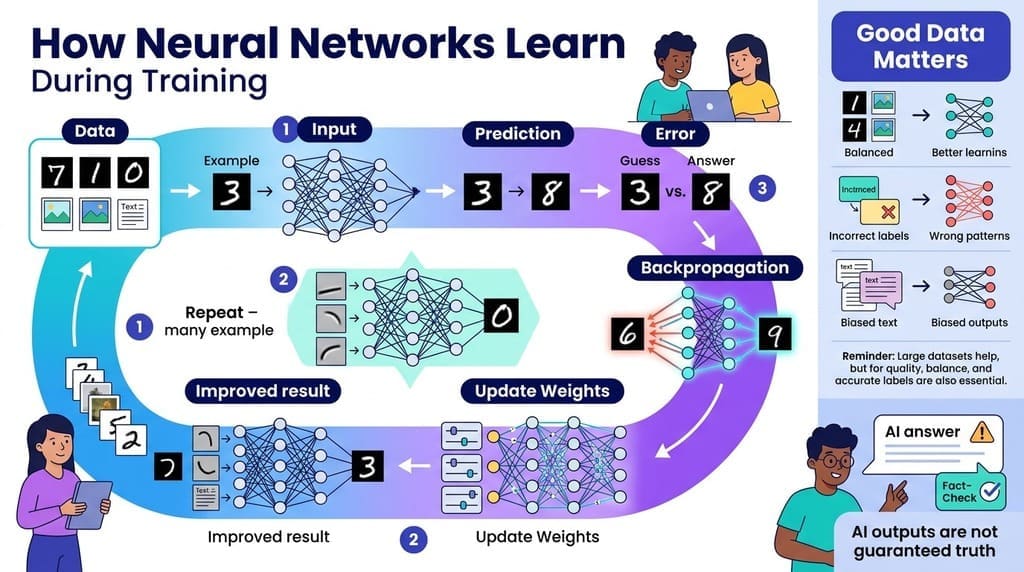 Educational infographic showing how neural networks learn through prediction, error measurement, backpropagation, weight updates, and repeated training.