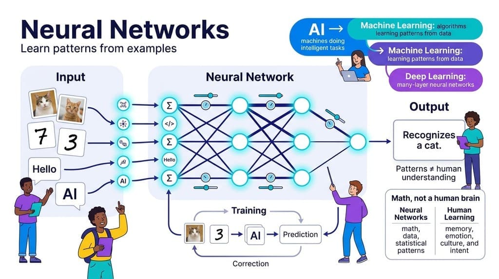 Teen-friendly infographic illustrating the use of connected mathematical neurons to learn patterns during AI and machine learning training.