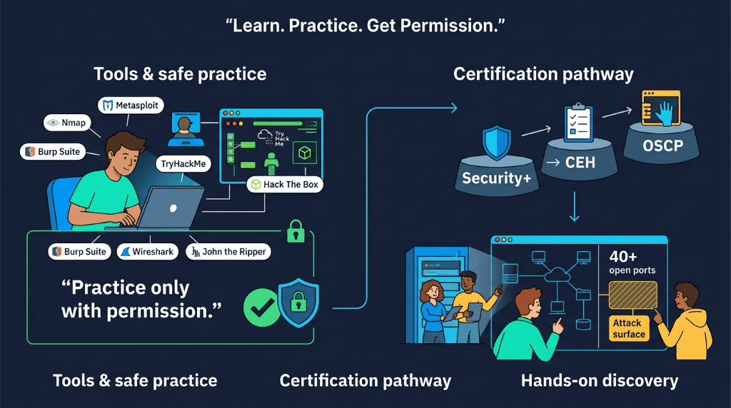 Teen students explore ethical hacking tools, safe virtual labs, cybersecurity certifications, and a practice network with 40+ open ports.