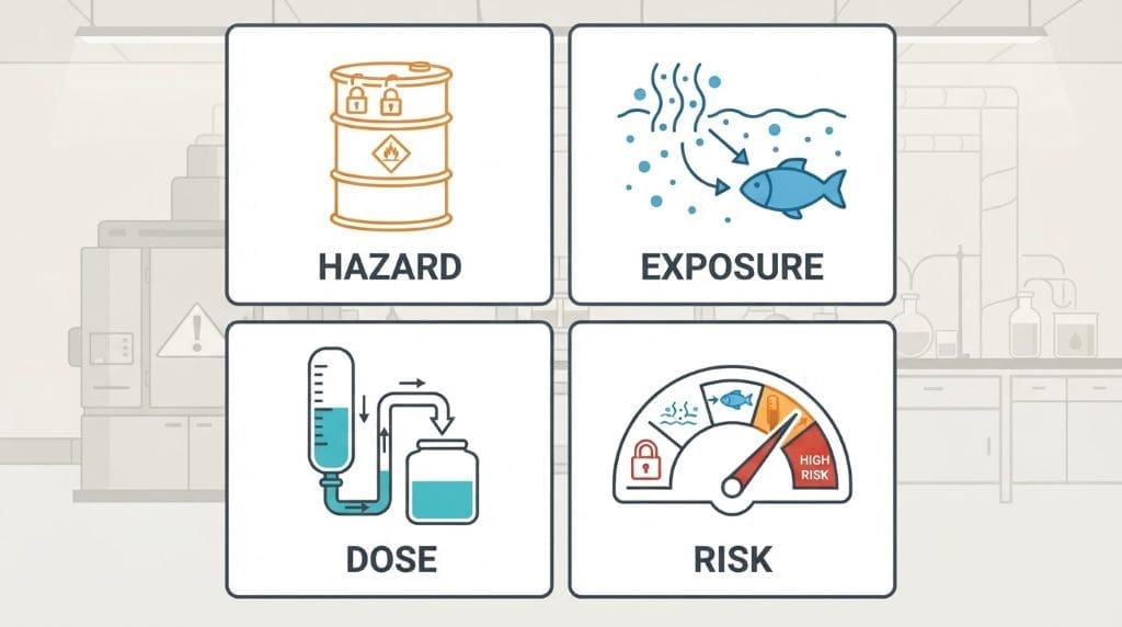 Infographic defining four environmental risk assessment terms: Hazard (locked drum icon), Exposure (stressor and organism icon), Dose (partial-fill gauge icon), and Risk (integrated dial icon).