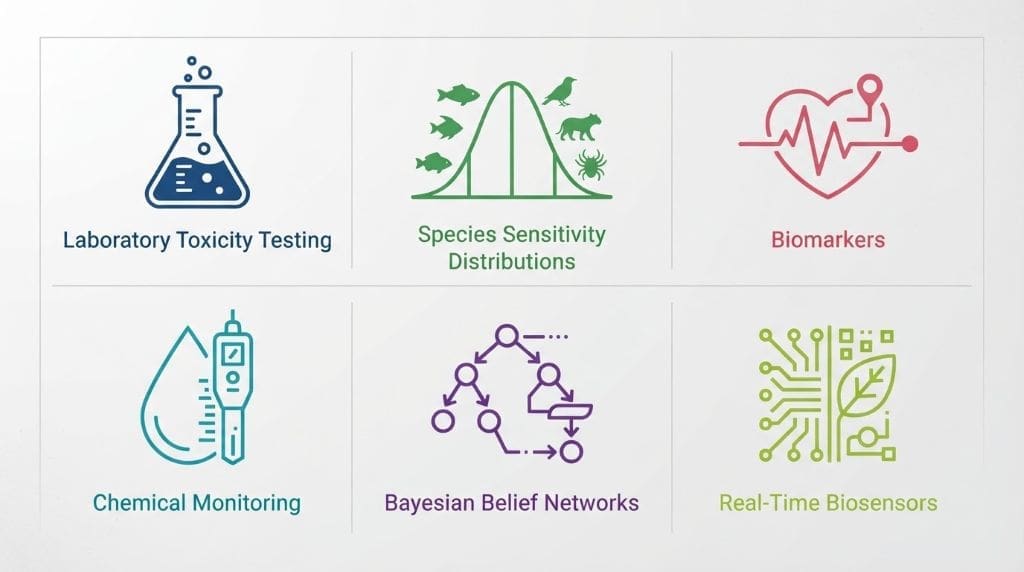 Six environmental risk assessment methods: laboratory toxicity testing (lab flask), species sensitivity distributions (bell curve), biomarkers (heartbeat line), chemical monitoring (water droplet sensor), Bayesian belief networks (decision tree), and real-time biosensors (circuit-leaf icon).