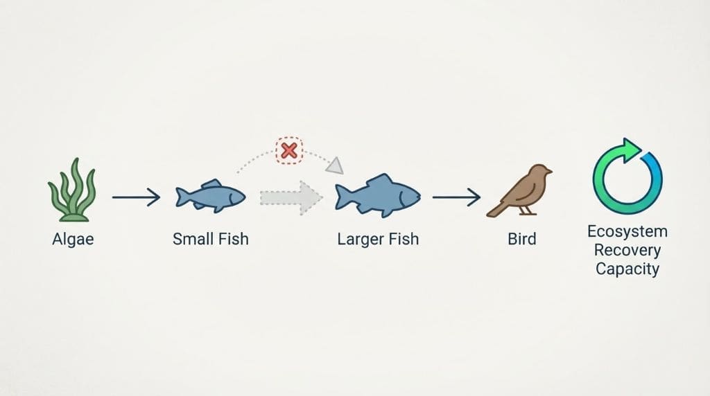 Food-web diagram showing ecosystem-level effects: algae to small fish to larger fish to bird, with one broken link (dotted) representing indirect effects, plus a resilience arrow icon showing ecosystem recovery capacity.