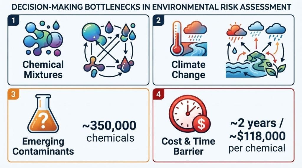 4-panel infographic showing environmental risk assessment challenges: chemical mixtures (overlapping droplets), climate change (thermometer and rain cloud), emerging contaminants (beaker with question mark, ~350,000 chemicals), and cost/time barriers (clock and dollar icon, ~2 years/$118,000 per chemical).