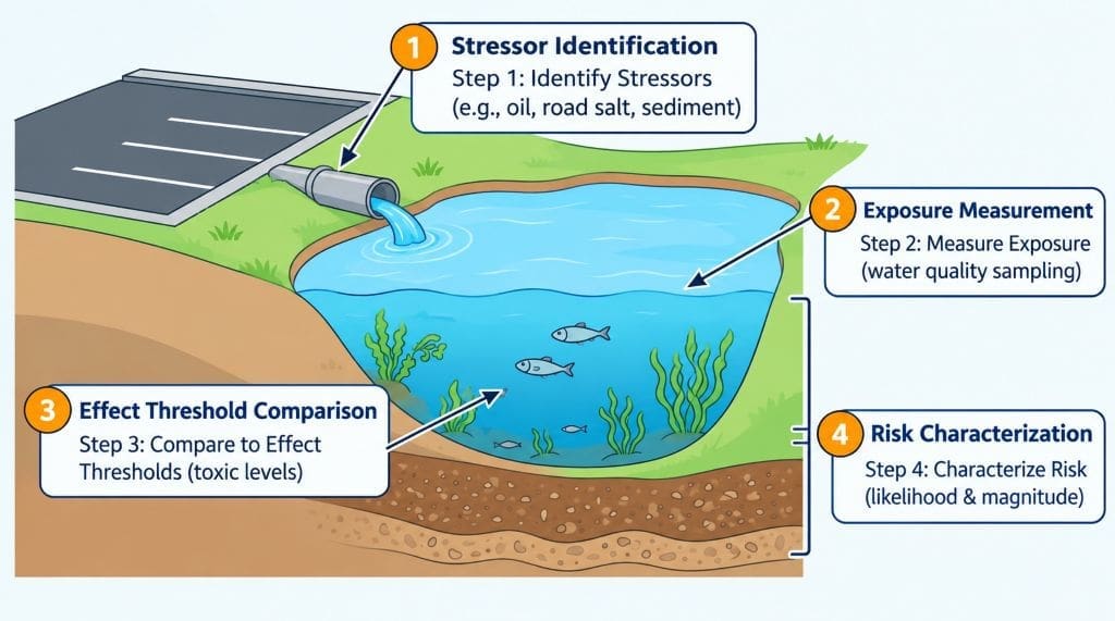 Cross-section illustration of a hypothetical pond ecosystem fed by parking lot stormwater, with four numbered steps: identify stressors (runoff pipe), measure exposure (water sampling), compare to effect thresholds (organism toxicity levels), and characterize risk (ecosystem impact)