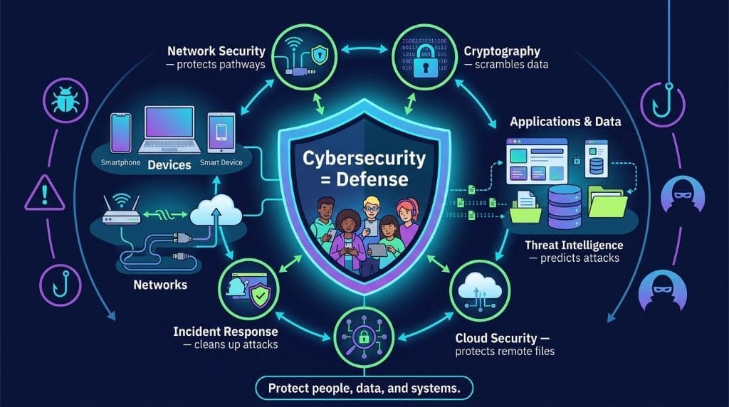 Teen-friendly cybersecurity infographic showing a central defense shield protecting devices, networks, applications, and data, with connected areas for network security, cryptography, malware, threat intelligence, cloud security, and incident response.