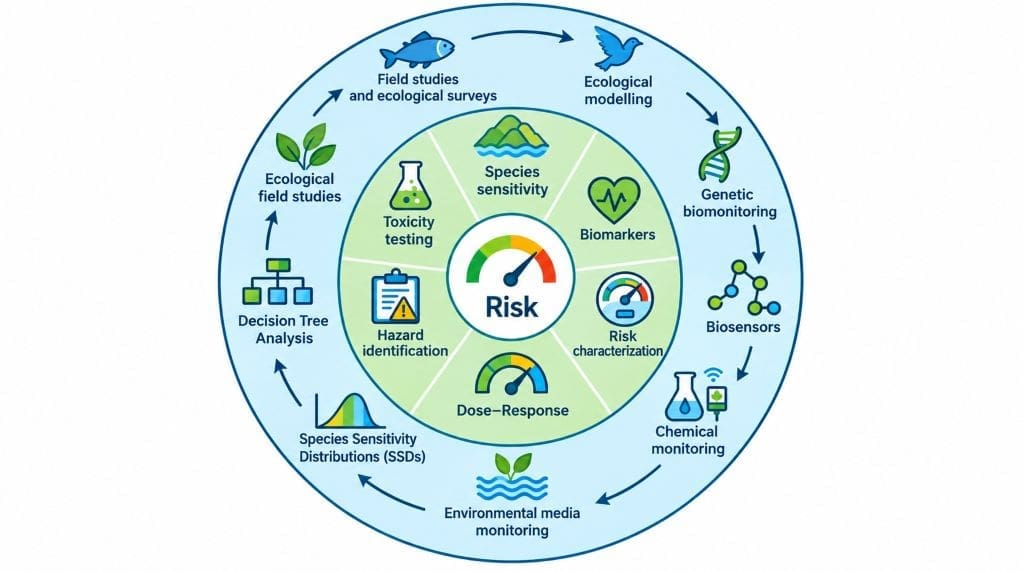 Integrated infographic illustration showing environmental risk assessment framework: central risk characterization icon surrounded by four core concepts (hazard, exposure, dose, risk), six assessment methods (toxicity testing, species sensitivity, biomarkers, chemical monitoring, Bayesian networks, biosensors), and ecosystem-level food web with resilience indicator.
