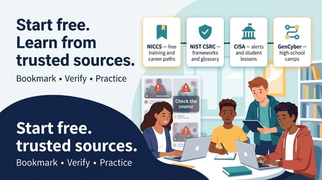 Teens learning cybersecurity for free using trusted resources from NICCS, NIST CSRC, CISA, and GenCyber