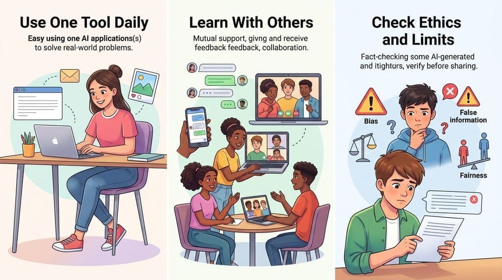 Teen-friendly infographic showing beginners learning AI through daily practice, community support, and ethical fact-checking