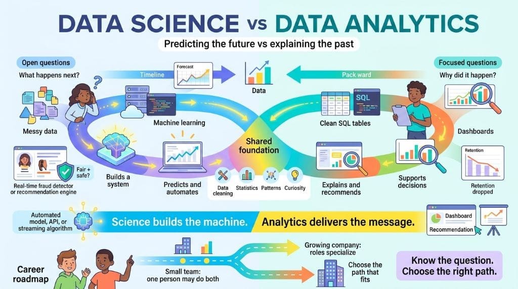 A bright infographic comparing two major data fields through their focus areas, skills, tools, and career paths