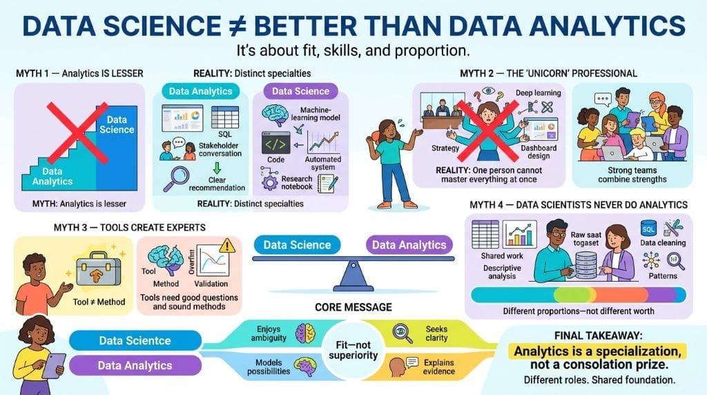 Bright infographic defining Data Science and Data Analytics, comparing automated prediction systems with human-centered data interpretation.