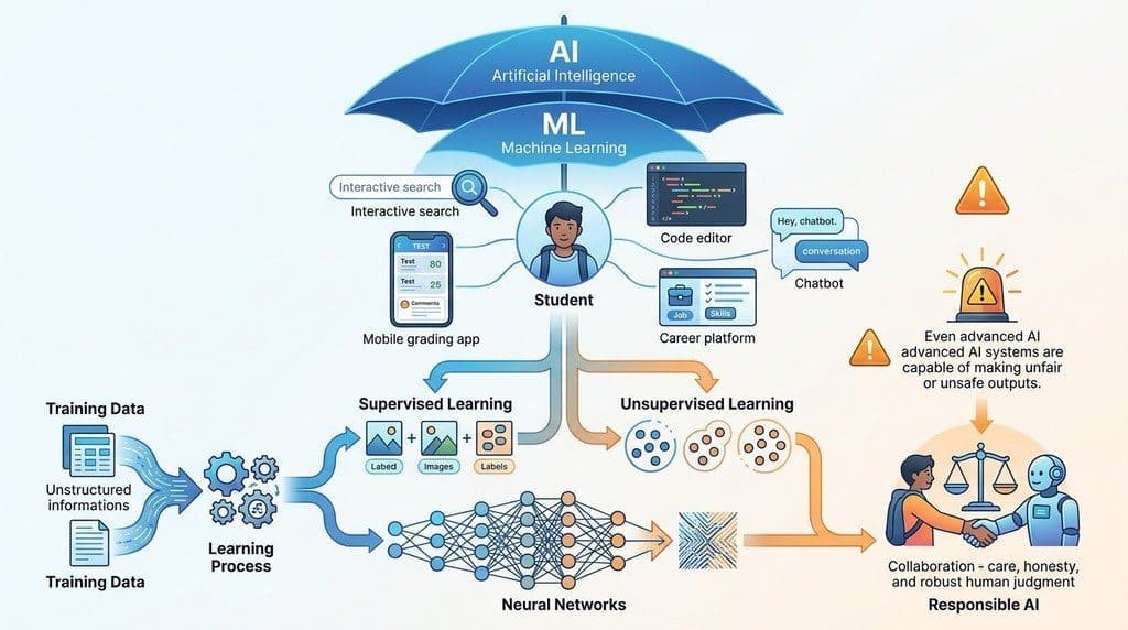 Visual diagram explaining AI and Machine Learning hierarchy for students, showing supervised and unsupervised learning, neural networks, real-world AI touchpoints, and the importance of responsible AI use with human judgment