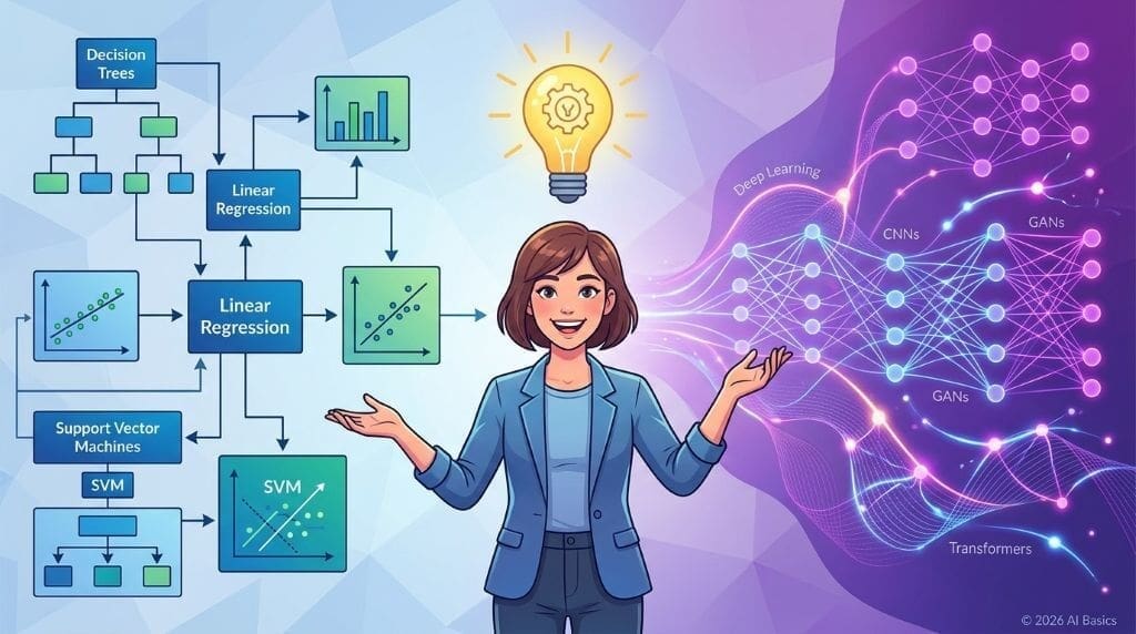 Modern illustration of AI and machine learning concepts with neural networks and data flows for beginners in 2026