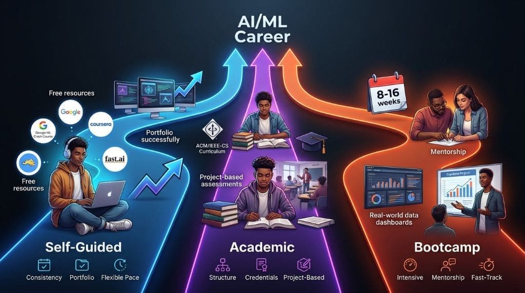 Infographic illustrating three beginner AI/ML learning paths: a self-guided route using free resources and portfolio development, an academic path via structured university programs, and a bootcamp route with intensive mentorship and capstone projects—all leading to career success.