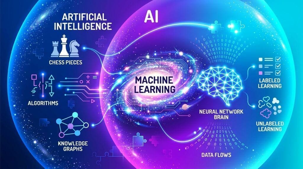 Infographic explaining the relationship between Artificial Intelligence and Machine Learning, showing ML as a subset of AI with neural networks, learning algorithms, and training data for beginners