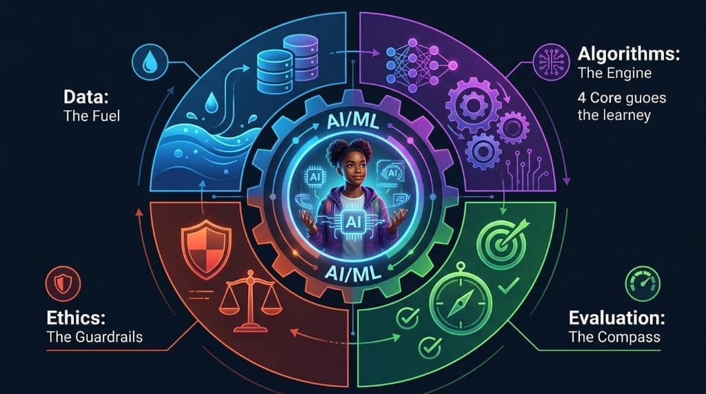 An infographic illustrates four essential interconnected building blocks for entry-level AI/ML learners: Data (fuel), Algorithms (engine), Evaluation (compass), and Ethics (guardrails). A young student is positioned at the center, mastering these foundational concepts.