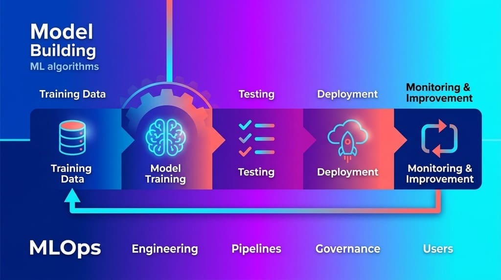 Infographic showing the complete Machine Learning Operations (MLOps) lifecycle pipeline for teenagers, illustrating training data, model training, testing, deployment, and monitoring with feedback loops