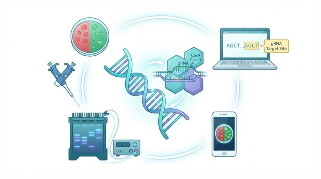 Illustration of CRISPR gene editing tools and classroom lab equipment representing student CRISPR projects.