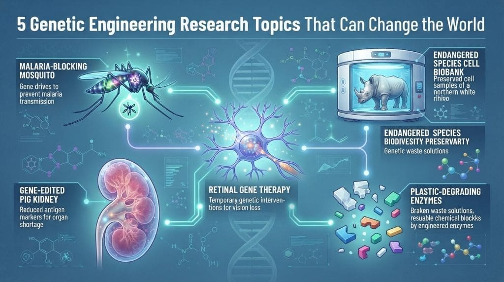 Five emerging genetic engineering research applications including malaria-blocking mosquitoes, pig kidney transplants, cellular reprogramming, plastic-eating enzymes, and endangered-species biobanking