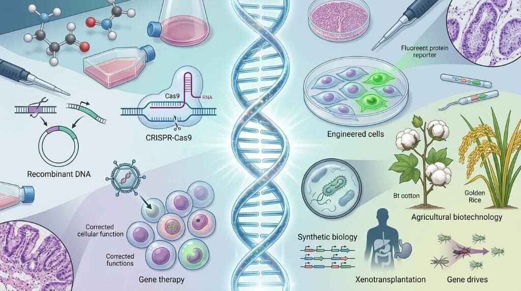 Scientific illustration showing DNA, CRISPR, engineered crops, gene therapy, and recombinant bacteria